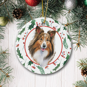 Ornamento De Cerâmica Shetland Sheepdog Red Berry Holly Border Cerâmica