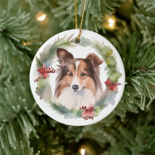Ornamento De Cerâmica Shetland Sheepdog Wreath Festivo Pup (Árvore)