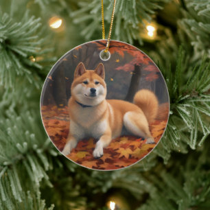 Ornamento De Cerâmica Shib Inu na queda das folhas de outono inspira 