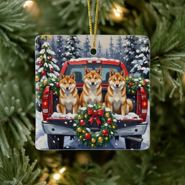 Ornamento De Cerâmica Shiba Inu Christmas Red Truck Holiday (Árvore)