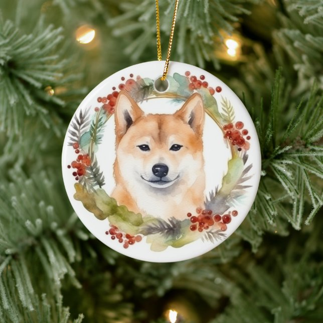 Ornamento De Cerâmica Shiba Inu Wreath Festivo (Árvore)