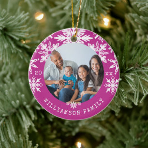 Ornamento De Cerâmica Shibori Snowflakes Tie Dye Foto da família Magent