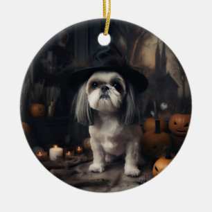 Ornamento De Cerâmica Shih Tzu Abóboras Halloween Assustador