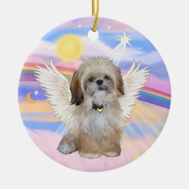 Ornamento De Cerâmica Shih Tzu Angel nas nuvens do céu (Frente)