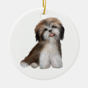 Ornamento De Cerâmica Shih Tzu - castanho e branco #2