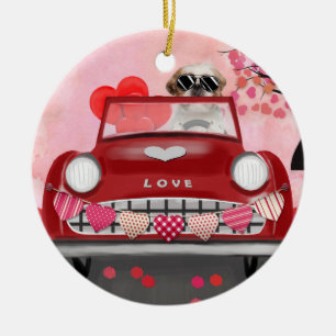 Ornamento De Cerâmica Shih Tzu Cog Car com Namorados de Coração