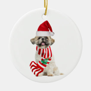 Ornamento De Cerâmica Shih tzu com o natal do chapéu