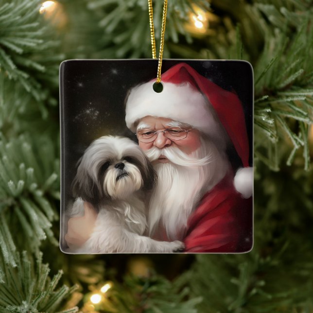 Ornamento De Cerâmica Shih Tzu Com Papai Noel Natal Festivo (Árvore)
