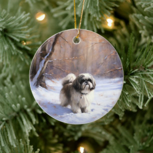 Ornamento De Cerâmica Shih Tzu Deixe-O Neve Natal