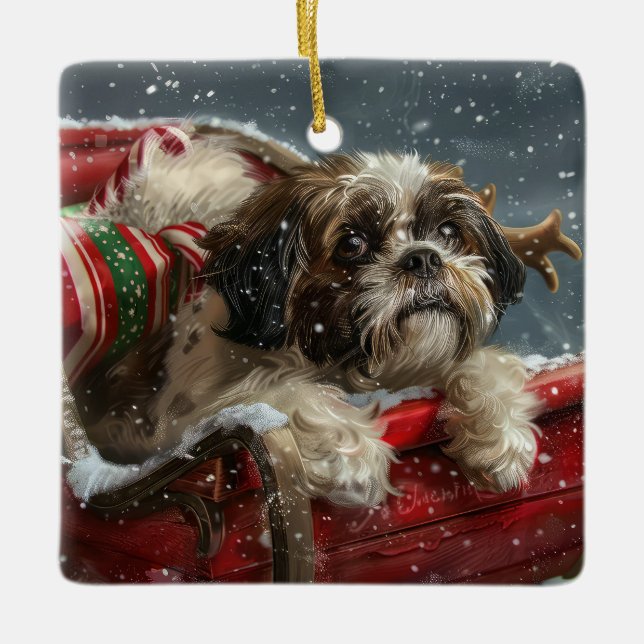 Ornamento De Cerâmica Shih Tzu Dog Natal Festivo (Frente)
