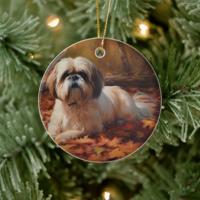 Ornamento De Cerâmica Shih Tzu no outono deixa cair inspiração (Árvore)