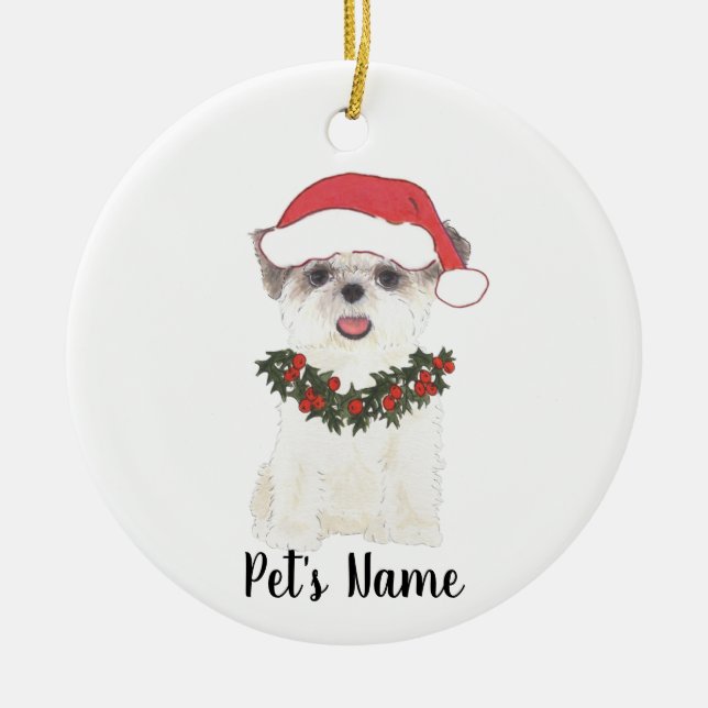 Ornamento De Cerâmica Shih Tzu Personalizado (Castanho e Branco) (Frente)