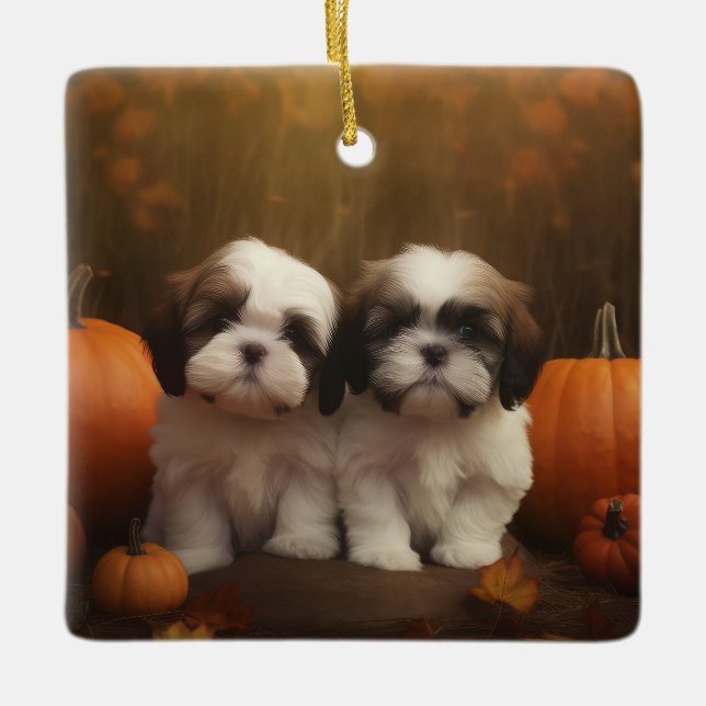 Ornamento De Cerâmica Shih Tzu Puppy Autumn Delight Pumpkin (Frente)