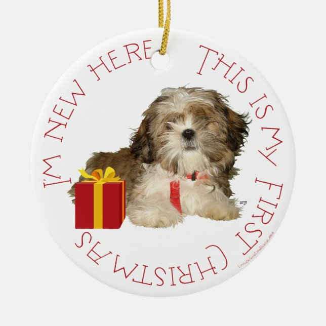 Ornamento De Cerâmica Shih Tzu Puppy Primeiro Natal (Frente)