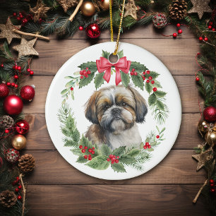 Ornamento De Cerâmica Shih Tzu Red Arco Holly Wreath