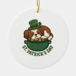 Ornamento De Cerâmica Shih Tzu Sonolento no Caldeirão de Ouro do Dia de 