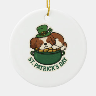 Ornamento De Cerâmica Shih Tzu Sonolento no Caldeirão de Ouro do Dia de
