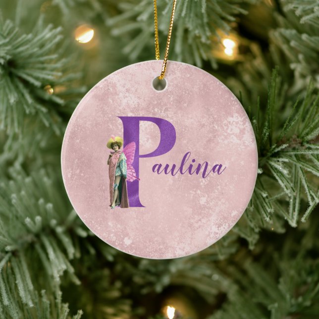 Ornamento De Cerâmica Shimmer Roxo - Letra Ilustrada P - Adicionar Nome (Árvore)