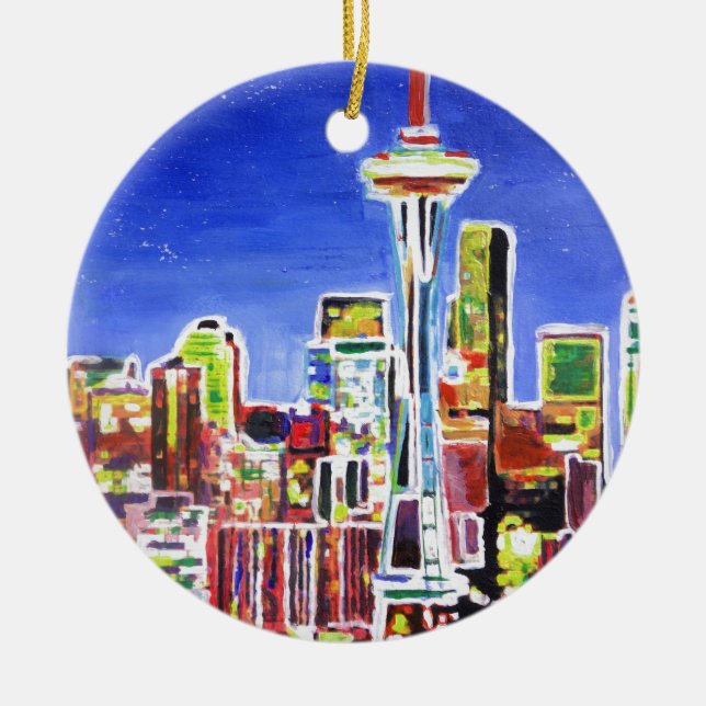 Ornamento De Cerâmica Shimmerling Skyline Of Seattle Com Agulha Espacial (Frente)