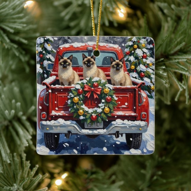Ornamento De Cerâmica Siamese Cat Christmas Red Truck Holiday (Árvore)