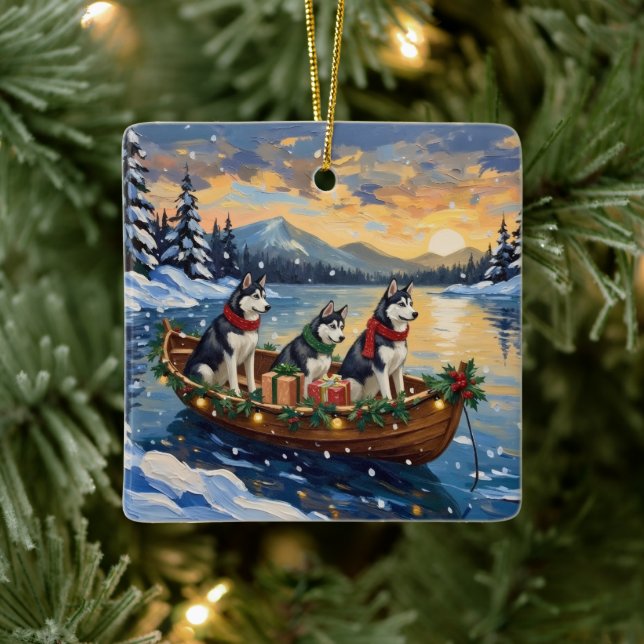 Ornamento De Cerâmica Siberian Husky Christmas Boat Holiday (Árvore)