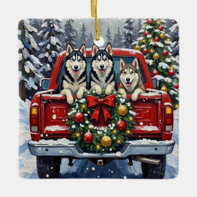 Ornamento De Cerâmica Siberian Husky Christmas Red Truck Holiday (Frente)