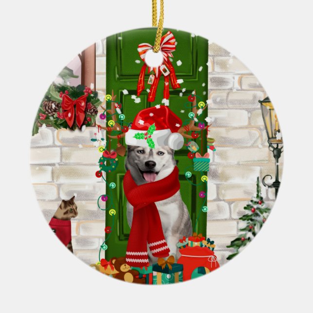 Ornamento De Cerâmica Siberian Husky Dog Christmas (Frente)