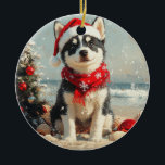 Ornamento De Cerâmica Siberian Husky Dog Christmas Vintage Beach<br><div class="desc">Traga o calor dos feriados para a costa com esta charmosa design inspirada na vintagem, que apresenta um cão festivo sentado numa praia serena. Com um clássico toque de feriado de tons nostálgicos e vibrações costeiras, esta trabalho de arte captura a magia do Natal pelo mar. Perfeito para espalhar alegria...</div>