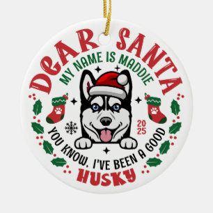 Ornamento De Cerâmica Siberian Husky Dog Custom Name Round de Natal