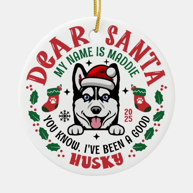 Ornamento De Cerâmica Siberian Husky Dog Custom Name Round de Natal (Frente)