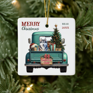 Ornamento De Cerâmica Siberian Husky Dog Retro Truck Natal