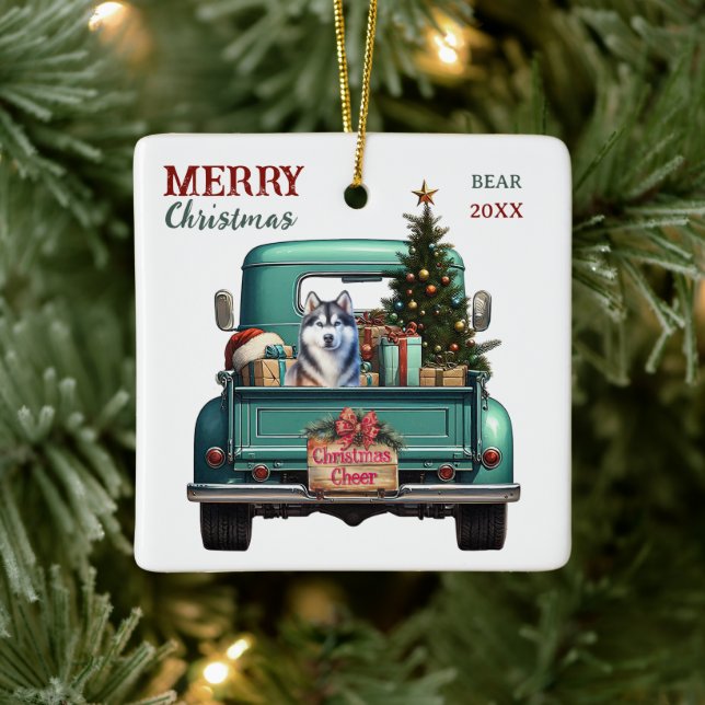 Ornamento De Cerâmica Siberian Husky Dog Retro Truck Natal (Árvore)