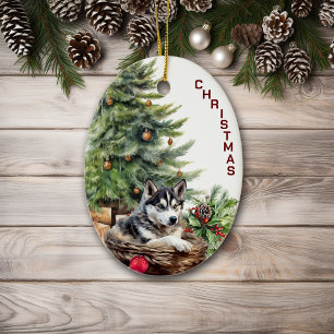 Ornamento De Cerâmica Siberian Husky Dog Wicker Basket Natal