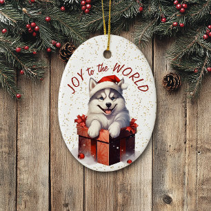 Ornamento De Cerâmica Siberian Husky Gift Box Joy to the World Holiday