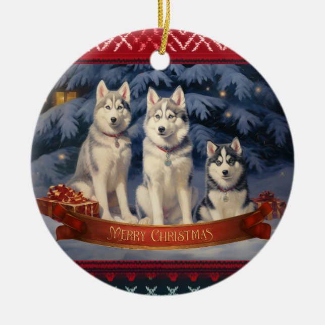 Ornamento De Cerâmica Siberian Husky Natal (Frente)