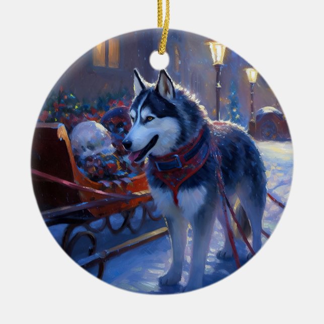 Ornamento De Cerâmica Siberian Husky Natal Fesason (Frente)