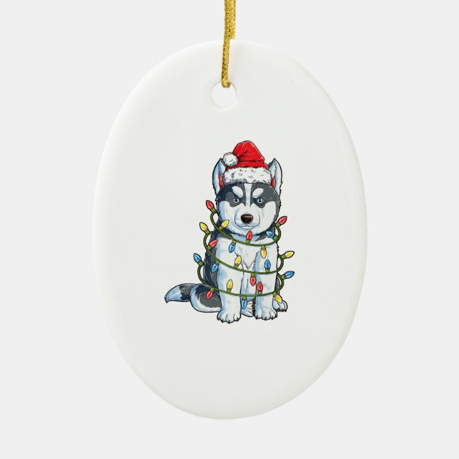 Ornamento De Cerâmica Siberian Husky Papai noel Árvore de Natal Luzes Xm (Frente)