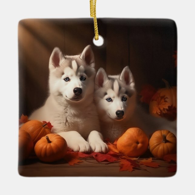 Ornamento De Cerâmica Siberian Husky Puppy Autumn Delight Pumpkin (Frente)
