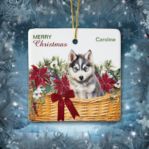 Ornamento De Cerâmica Siberian Husky Puppy Poinsettia Cesta de Natal