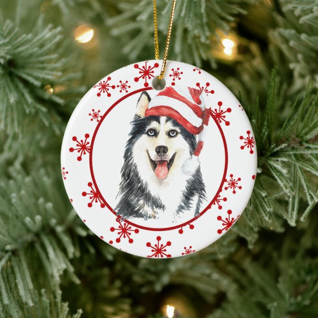 Ornamento De Cerâmica Siberian Husky Santa Hat Floco de neve vermelho (Árvore)