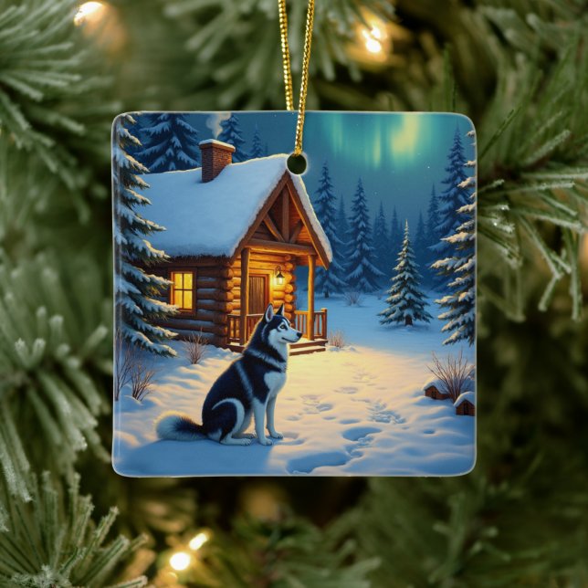 Ornamento De Cerâmica Siberian Husky Snowy Cabin Christmas Painting (Árvore)