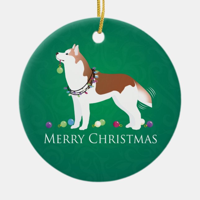 Ornamento De Cerâmica Siberian Husky - Vermelho - Design de Natal feliz (Frente)