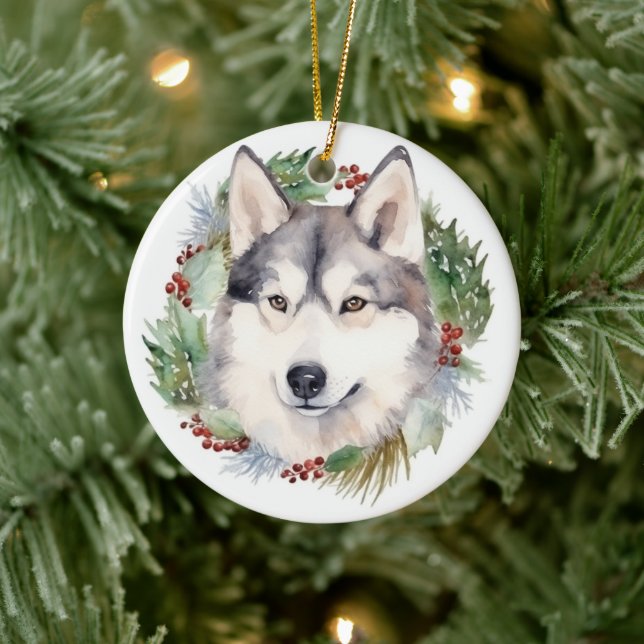 Ornamento De Cerâmica Siberian Husky Wreath Festiva Pup (Árvore)