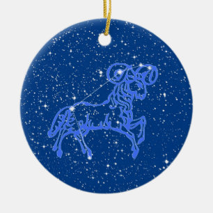Ornamento De Cerâmica Signo do Zodíaco Áries com Estrelas em Cerâmica Az