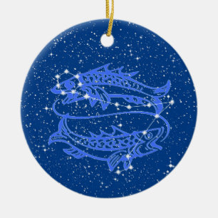 Ornamento De Cerâmica Signo Zodiacal de Peixes com Estrelas em Azul Prof