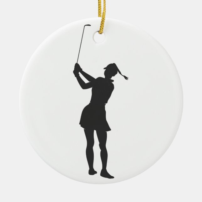 Ornamento De Cerâmica Silhouette de uma mulher jogando golfe (Frente)