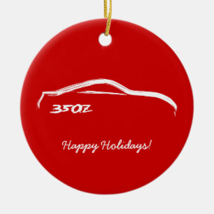 Ornamento De Cerâmica silhueta 350Z branca com fundo vermelho