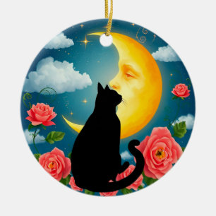 Ornamento De Cerâmica Silhueta de gato sentado diante da lua