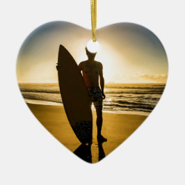 Ornamento De Cerâmica Silhueta do surfista durante o nascer do sol