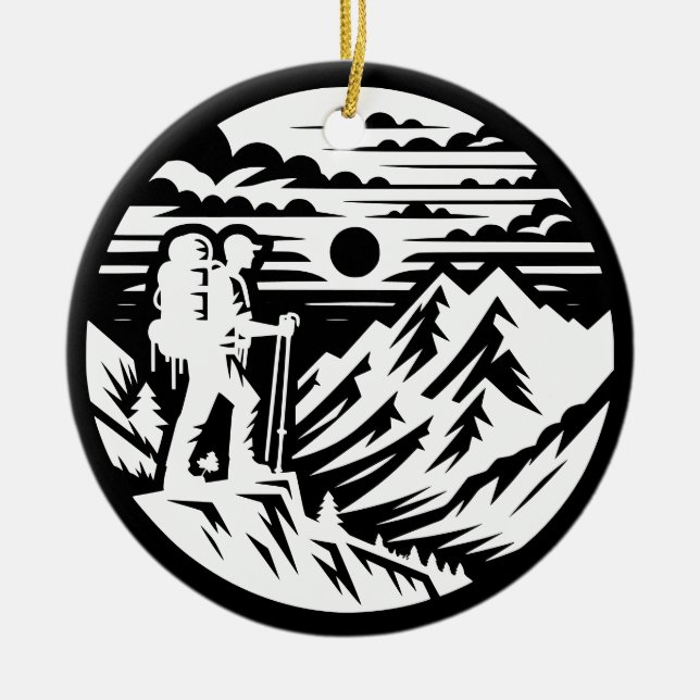 Ornamento De Cerâmica Silhueta Hiker Negrito - Paisagem de Montanha (Frente)